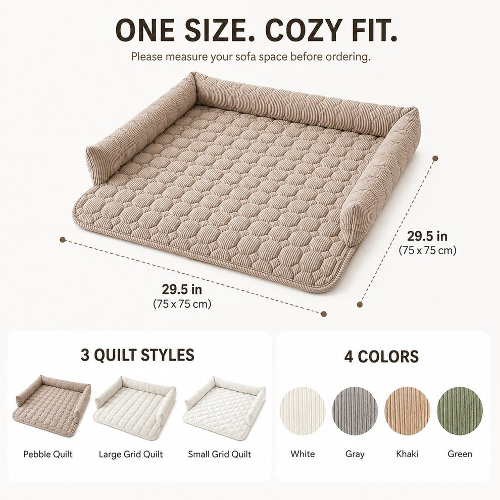 Khaki corduroy pet couch bed with three bolsters