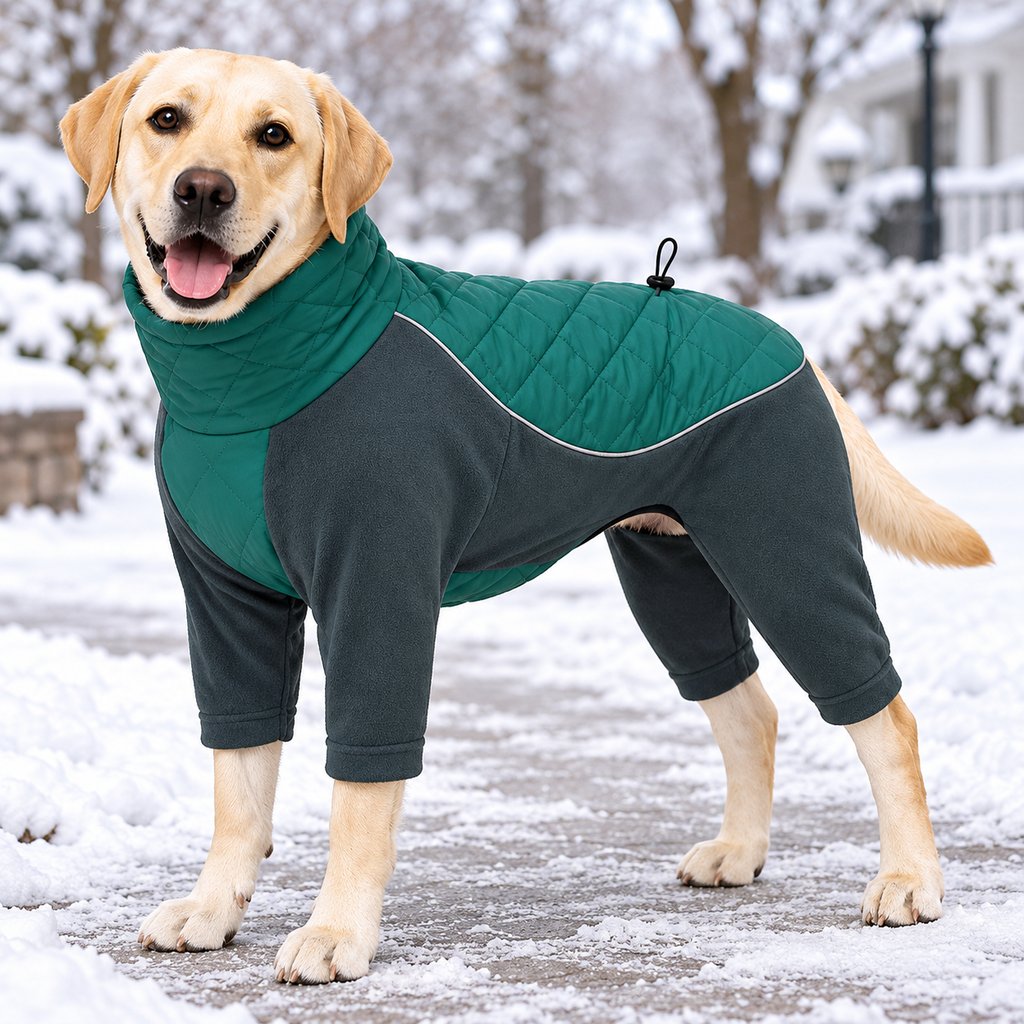 teal green quilted four-leg winter dog snowsuit