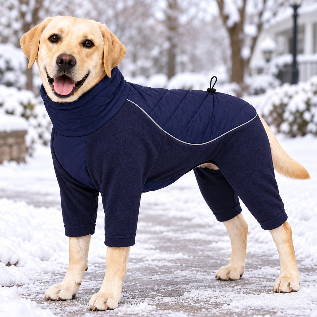 navy blue quilted four-leg winter dog snowsuit