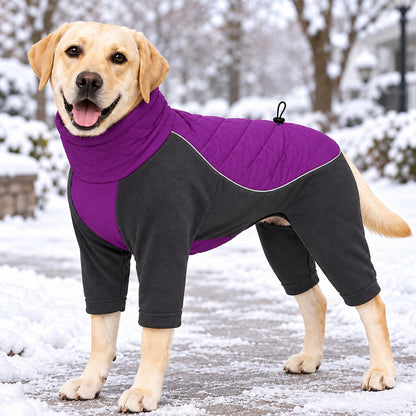purple quilted four-leg winter dog snowsuit