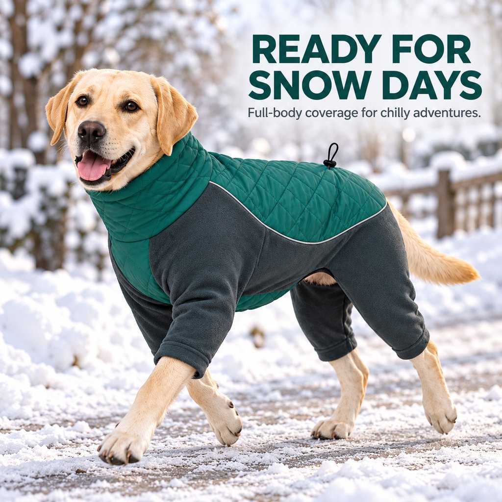 teal green four-leg dog snowsuit for snowy walks