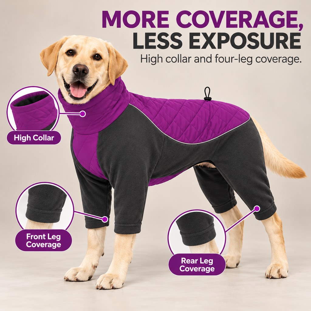 purple full-body winter dog coat with four-leg coverage