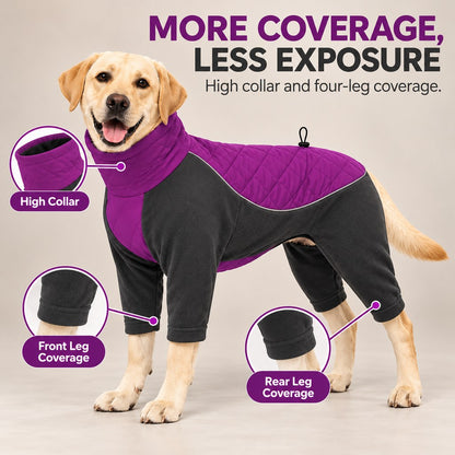 purple full-body winter dog coat with four-leg coverage
