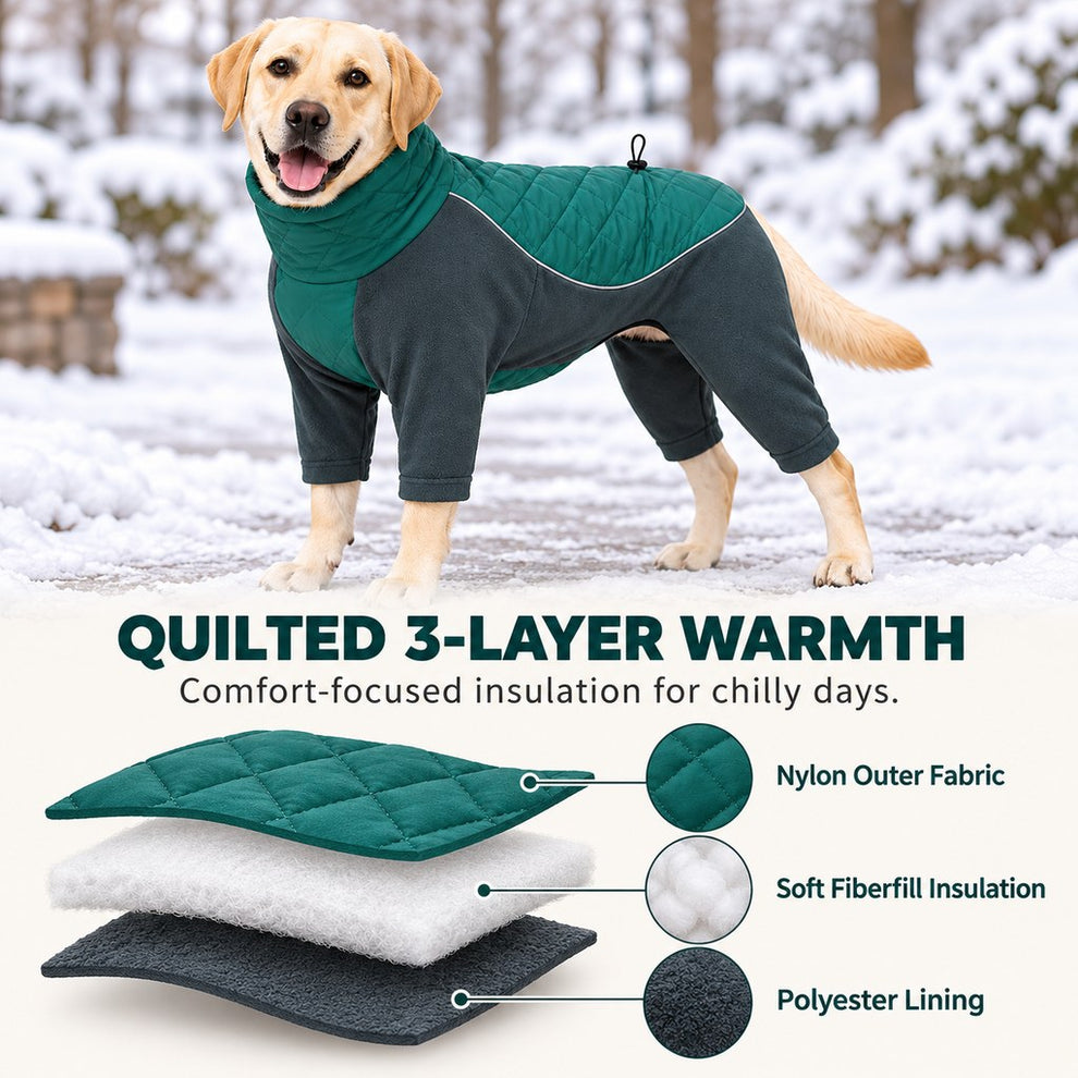 quilted three-layer winter dog snowsuit construction