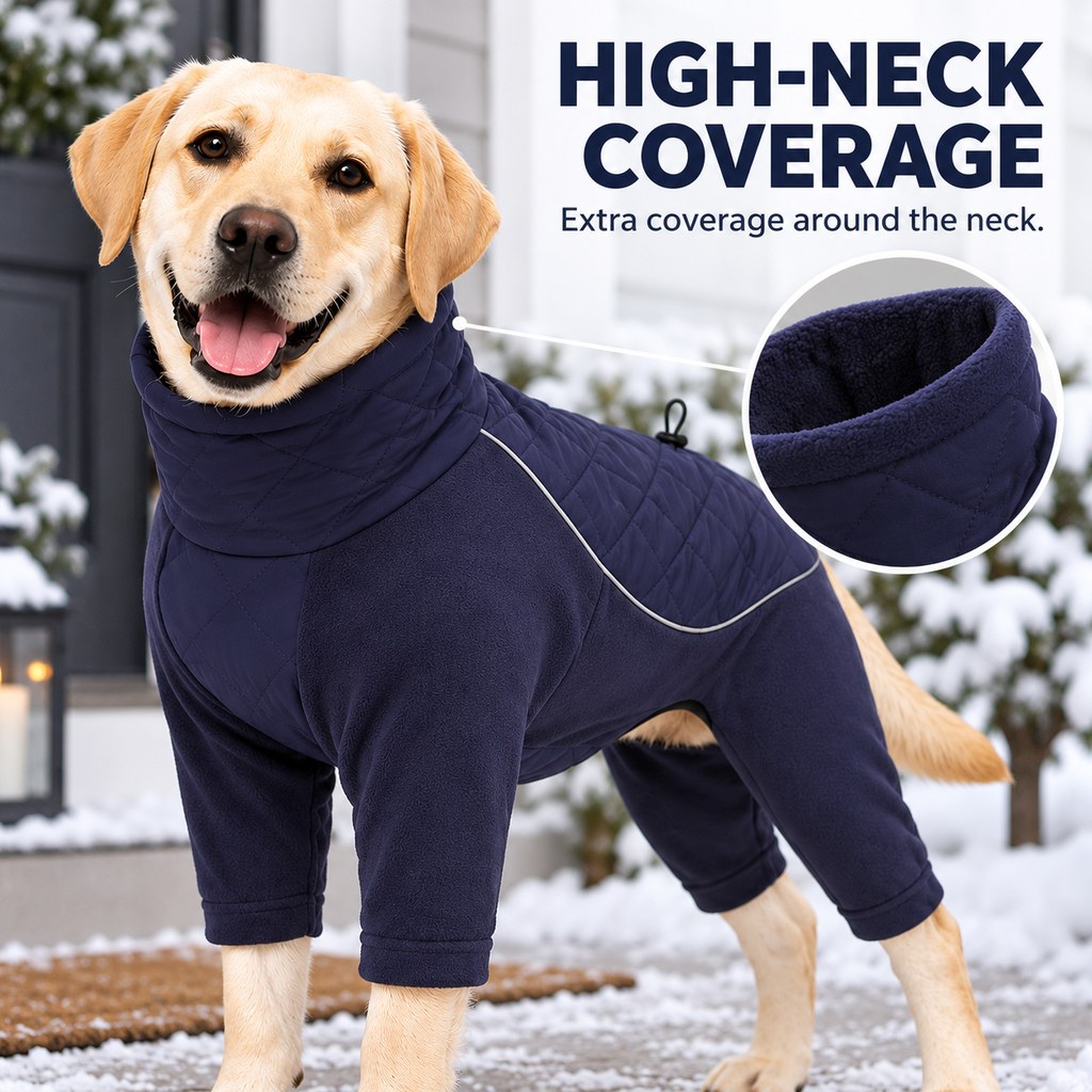 navy blue high-neck winter dog coat coverage