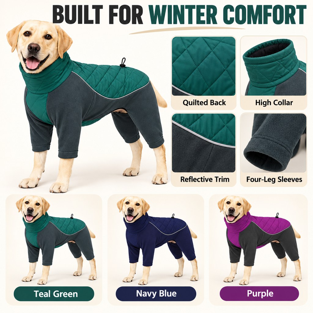 teal navy and purple quilted winter dog snowsuit details