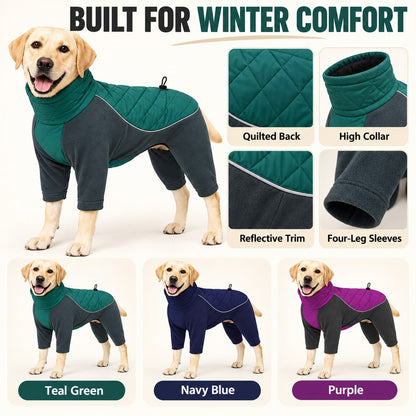 teal navy and purple quilted winter dog snowsuit details