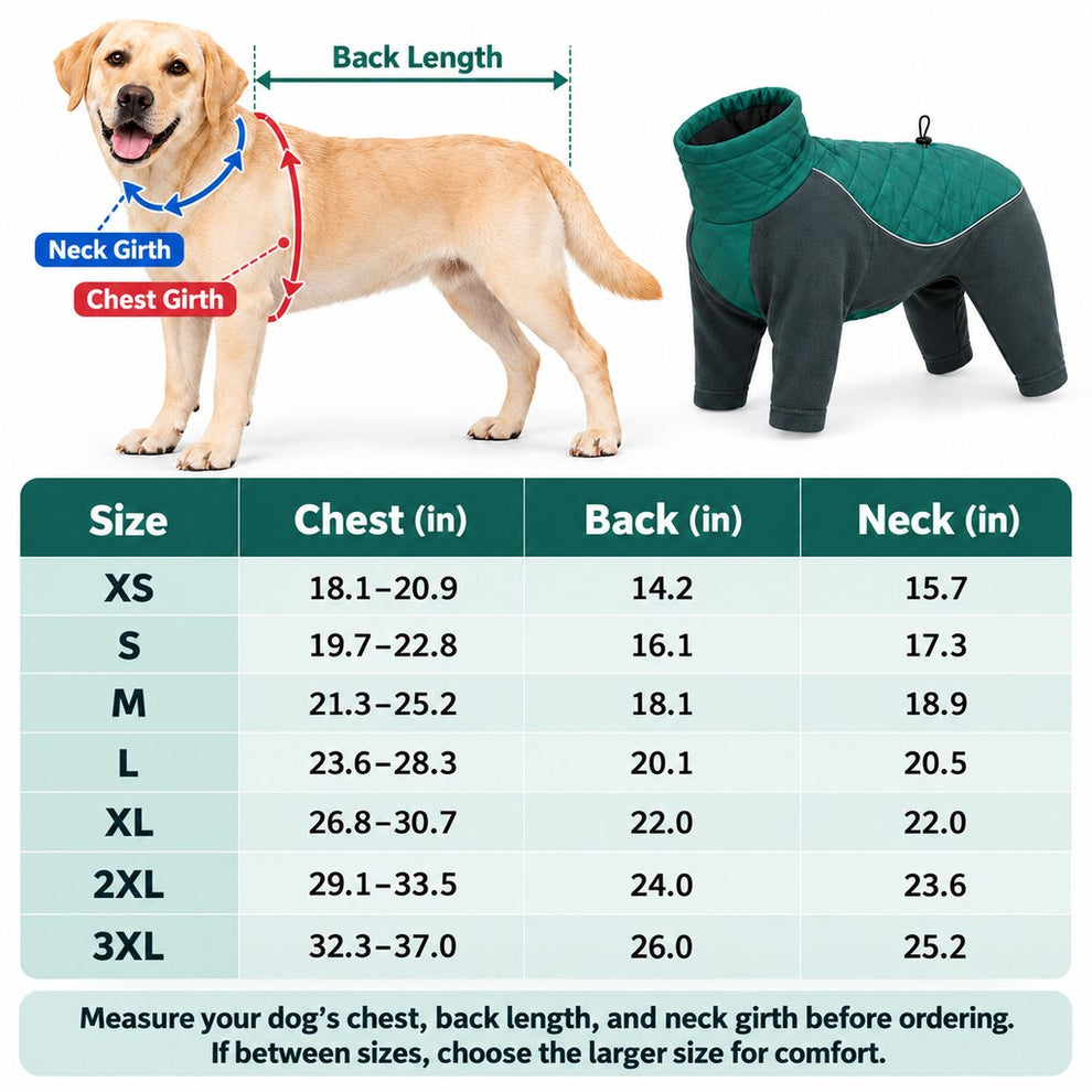 four-leg winter dog snowsuit size and measurement guide