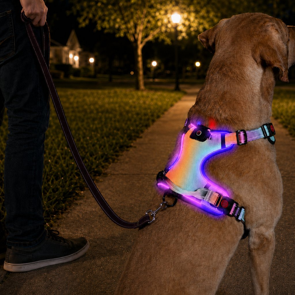 Rainbow gradient USB-C rechargeable light-up dog harness