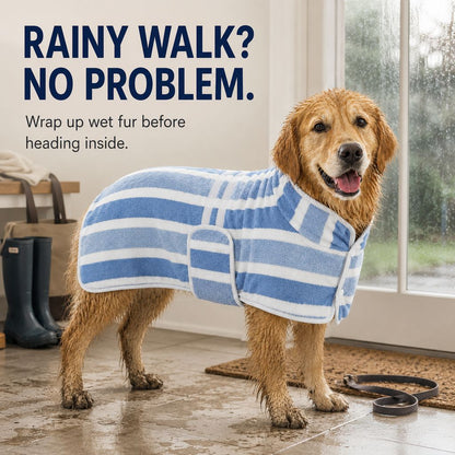 Blue wearable dog drying wrap for rainy walks