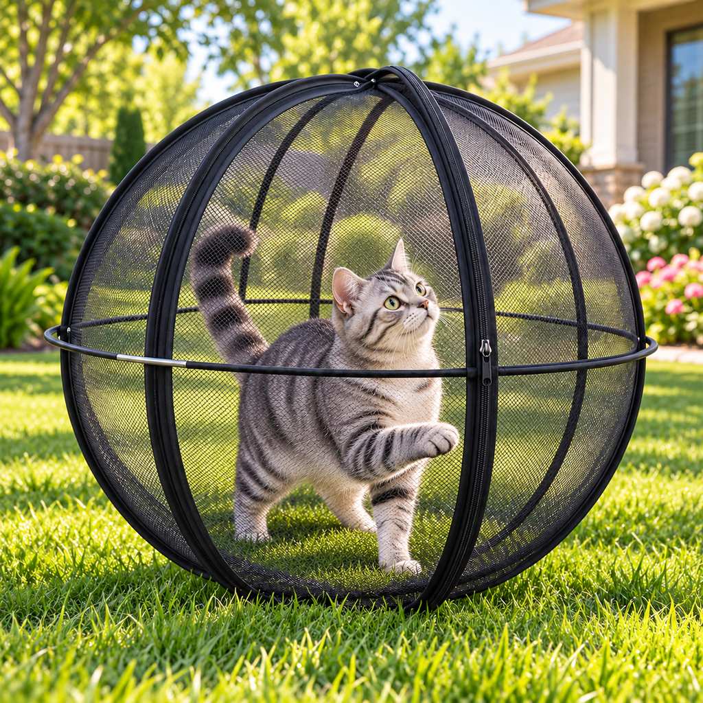 gray tabby cat playing inside a black rolling mesh cat ball on grass