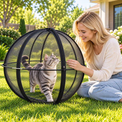 cat owner supervising a cat inside an outdoor rolling cat playpen