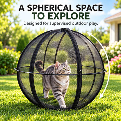 spherical black mesh cat playpen for supervised backyard exploration