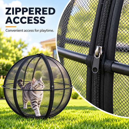 close-up zippered access on a black mesh cat playpen ball