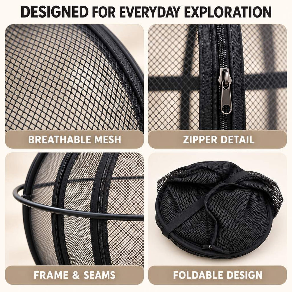 black rolling cat playpen mesh zipper frame and folded details