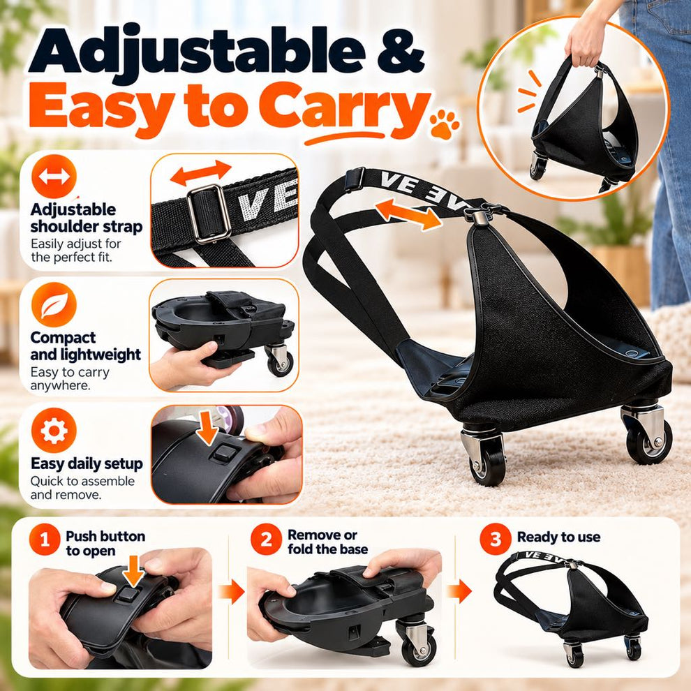Adjustable strap and compact removable base on a rear-leg pet wheelchair