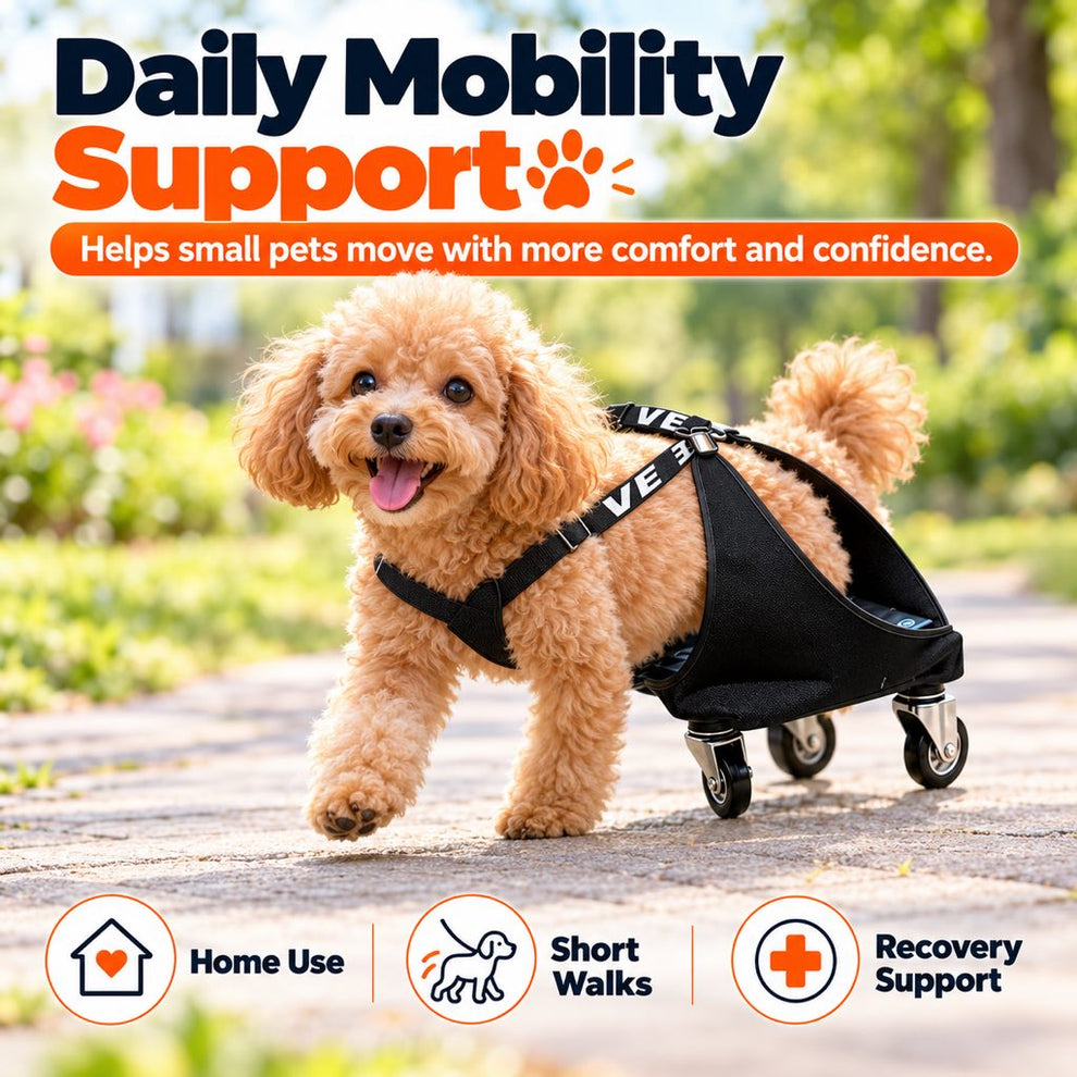 Small dog using a rear-leg wheelchair for daily mobility support