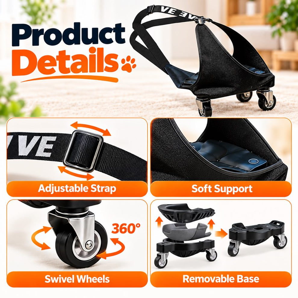 Adjustable strap, soft support, swivel wheels and removable base details