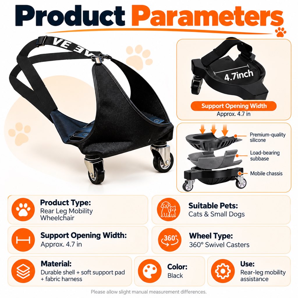 Black rear-leg pet wheelchair product parameters and 4.7-inch support opening