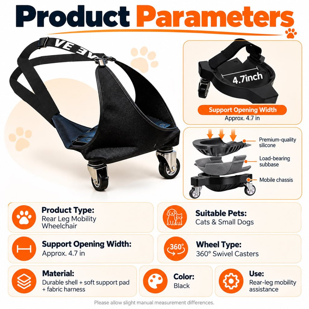 Black rear-leg pet wheelchair product parameters and 4.7-inch support opening