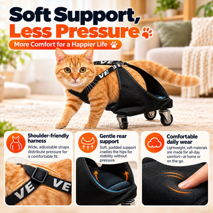 Soft rear support and adjustable harness on a pet wheelchair