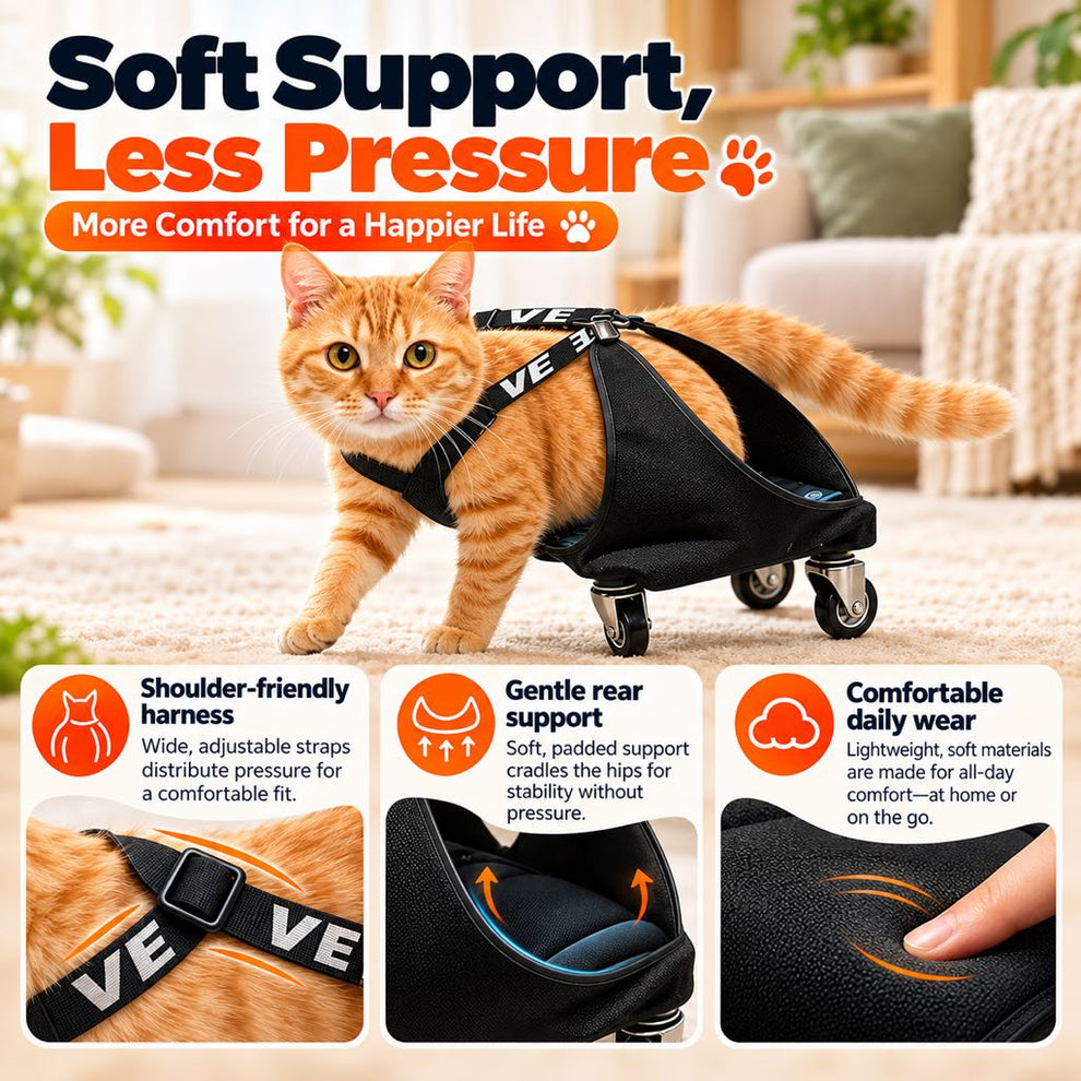 Soft rear support and adjustable harness on a pet wheelchair