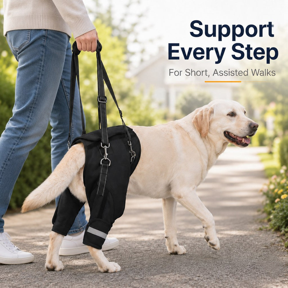 Caregiver assisting dog with rear-leg support lift leash
