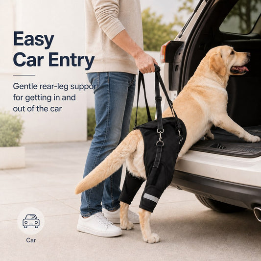 Rear support dog lift harness for assisted standing and walking