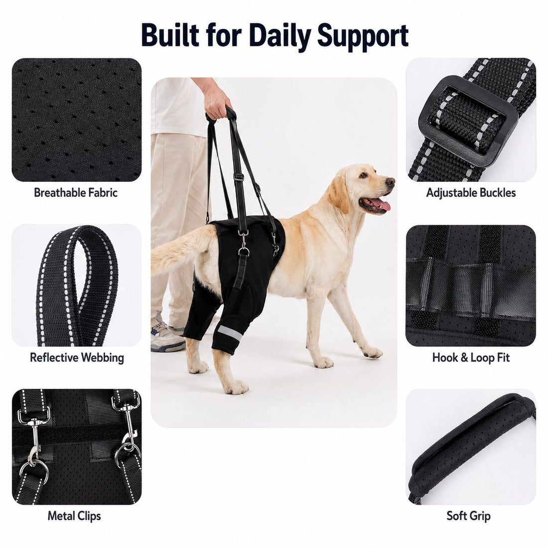 Rear support dog lift harness details including breathable fabric, reflective webbing, metal clips, and soft grip.