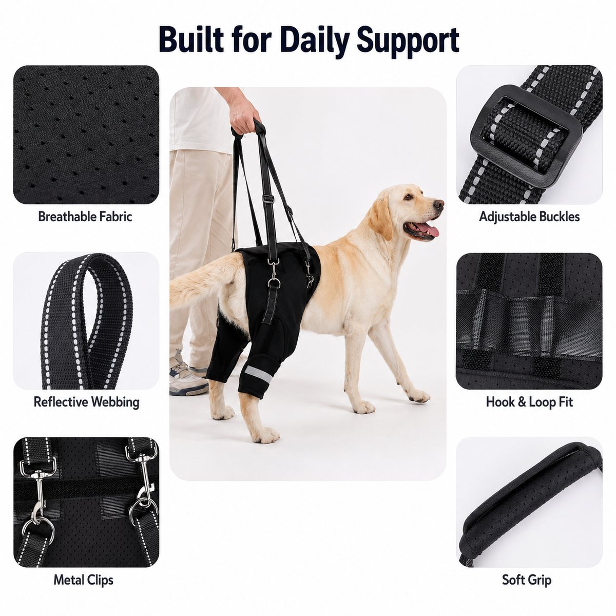 Rear support dog lift harness details including breathable fabric, reflective webbing, metal clips, and soft grip.