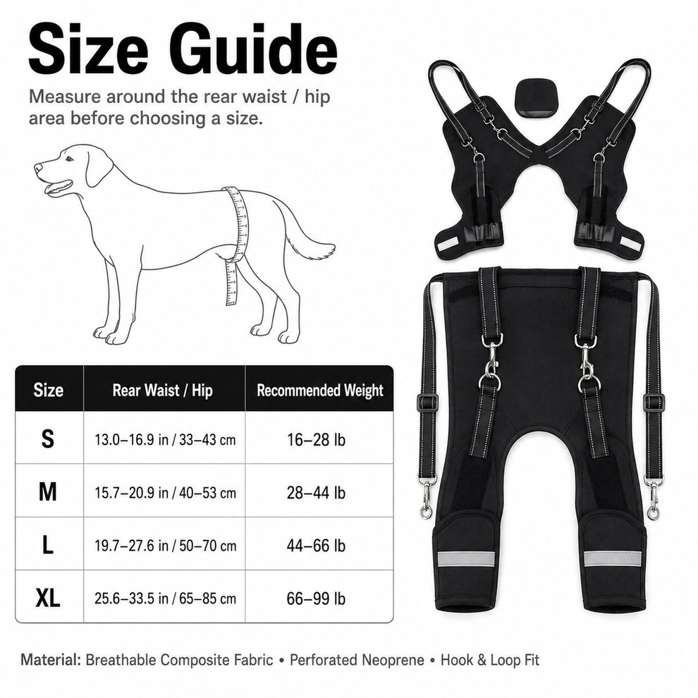 Size guide for rear support dog lift harness in small, medium, large, and extra large.