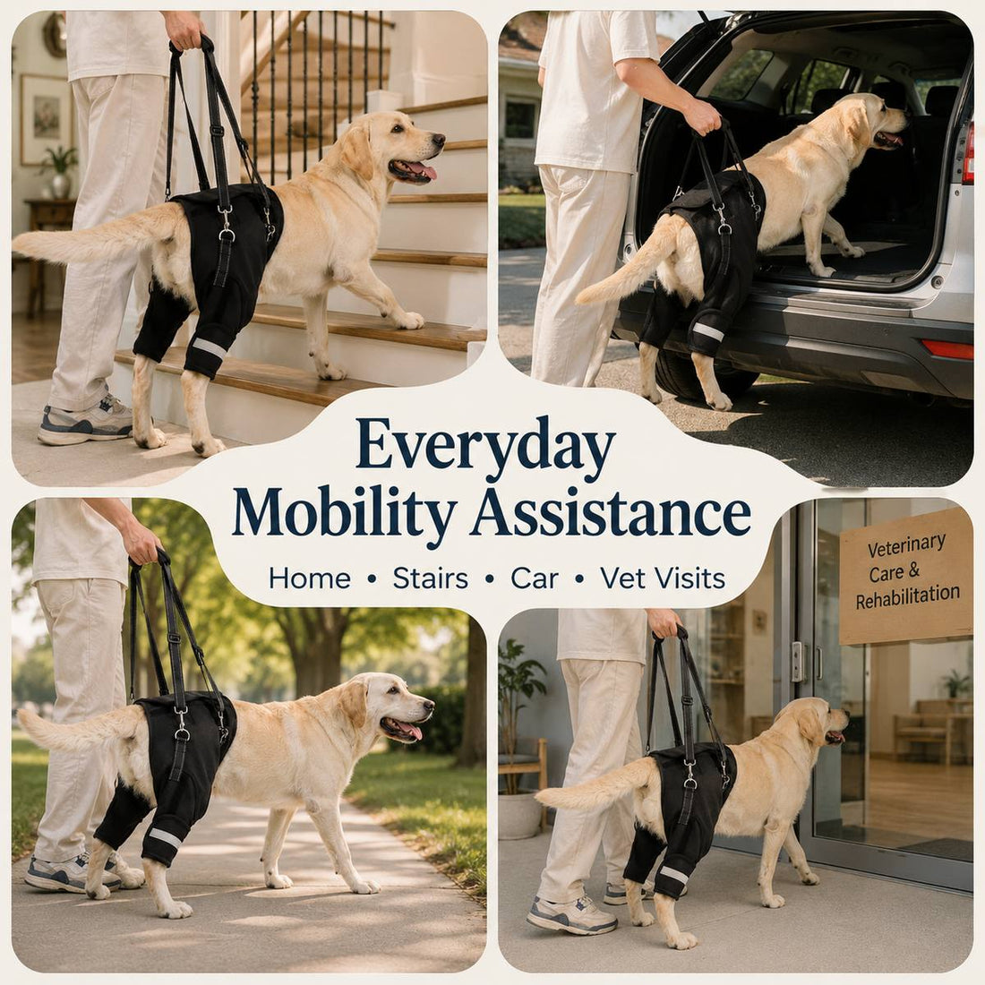 Rear support dog lift harness for home stairs, car entry, vet visits, and outdoor assisted walking.