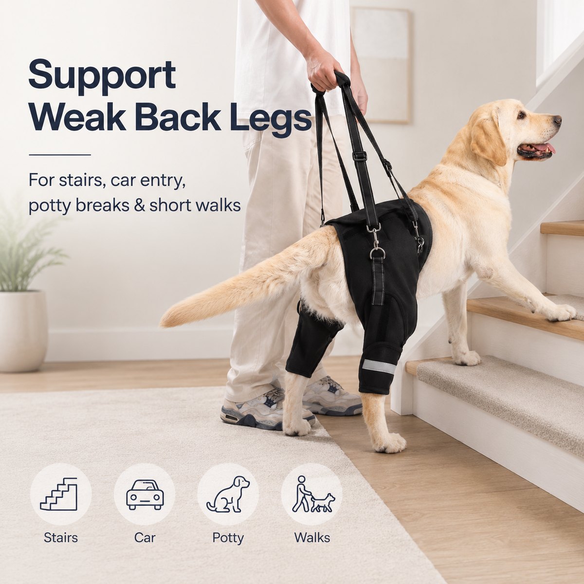 Dog lift harness helps support rear legs during stairs, car entry, and short assisted walks.