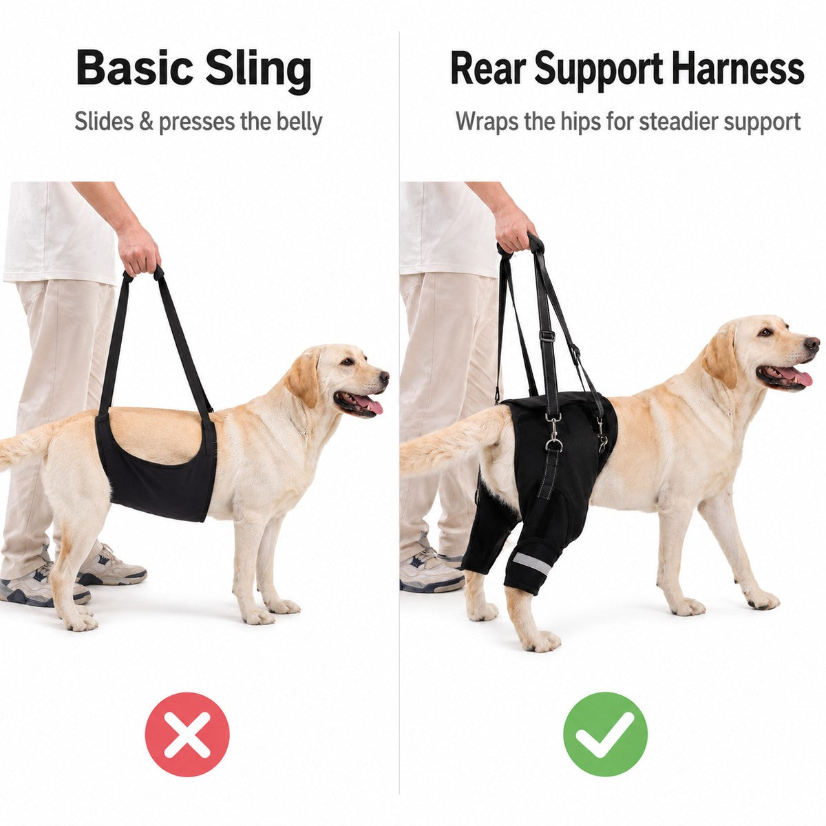 Hind leg support harness for senior dogs, injured dogs, and recovery walks.