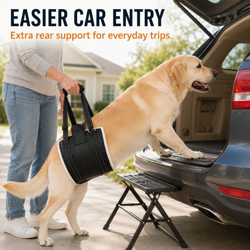 Large dog using a rear support sling while entering an SUV