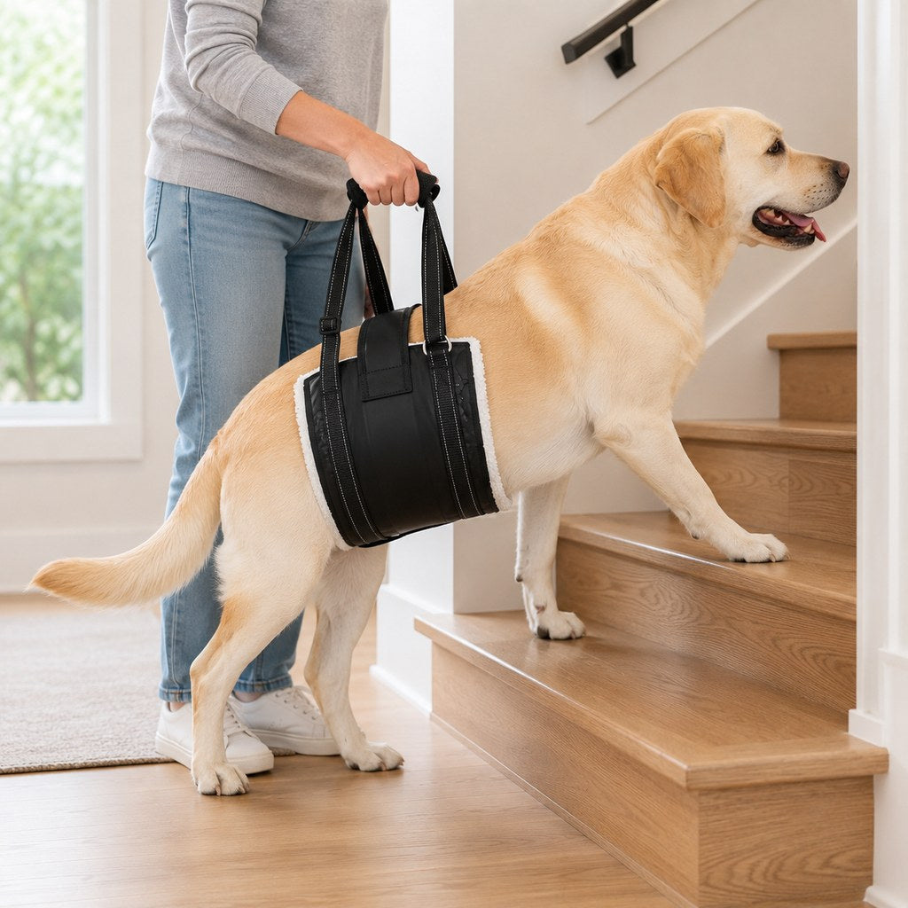Senior Labrador using a black rear support dog lift sling on indoor stairs