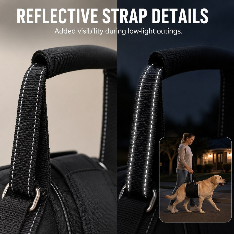 Reflective stitching detail on black dog lifting straps