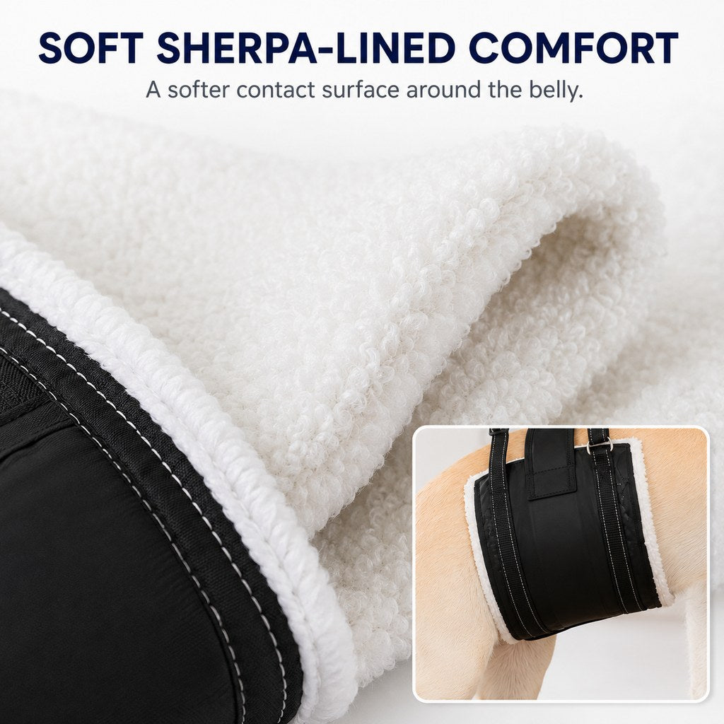 Soft sherpa-style lining inside a black dog lift sling