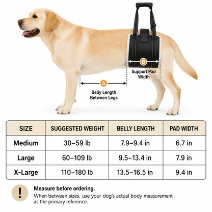 Rear support dog lift sling size guide for Medium Large and X-Large dogs
