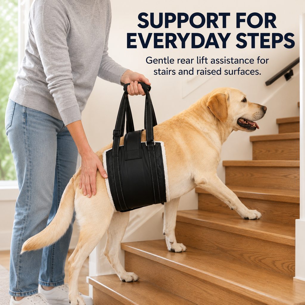 Owner assisting a senior dog up stairs with a rear support lift sling