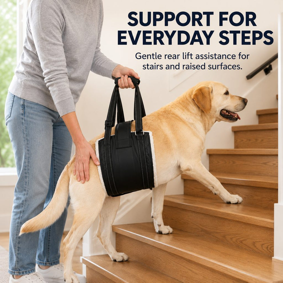 Owner assisting a senior dog up stairs with a rear support lift sling