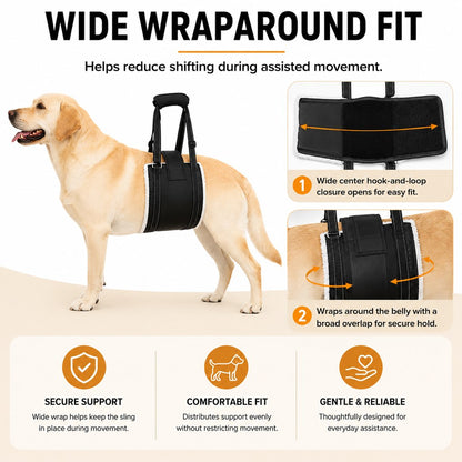 Wide wraparound rear support dog sling with hook-and-loop closure