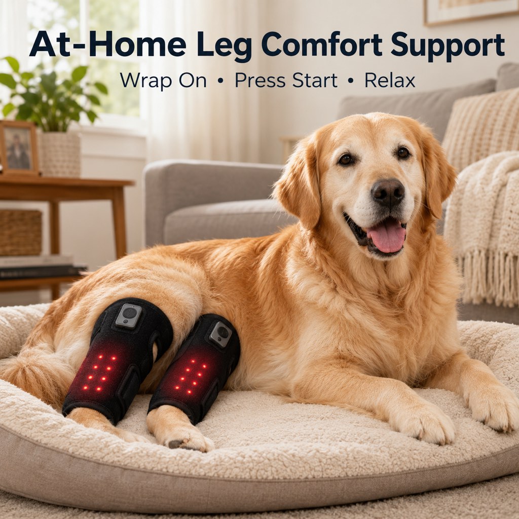 Rechargeable dog knee wrap for at-home leg comfort support