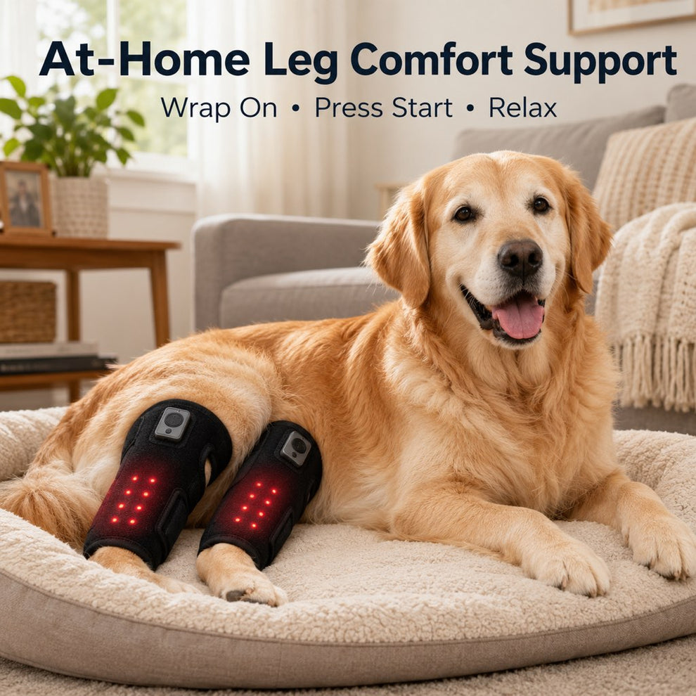 Rechargeable dog knee wrap for at-home leg comfort support
