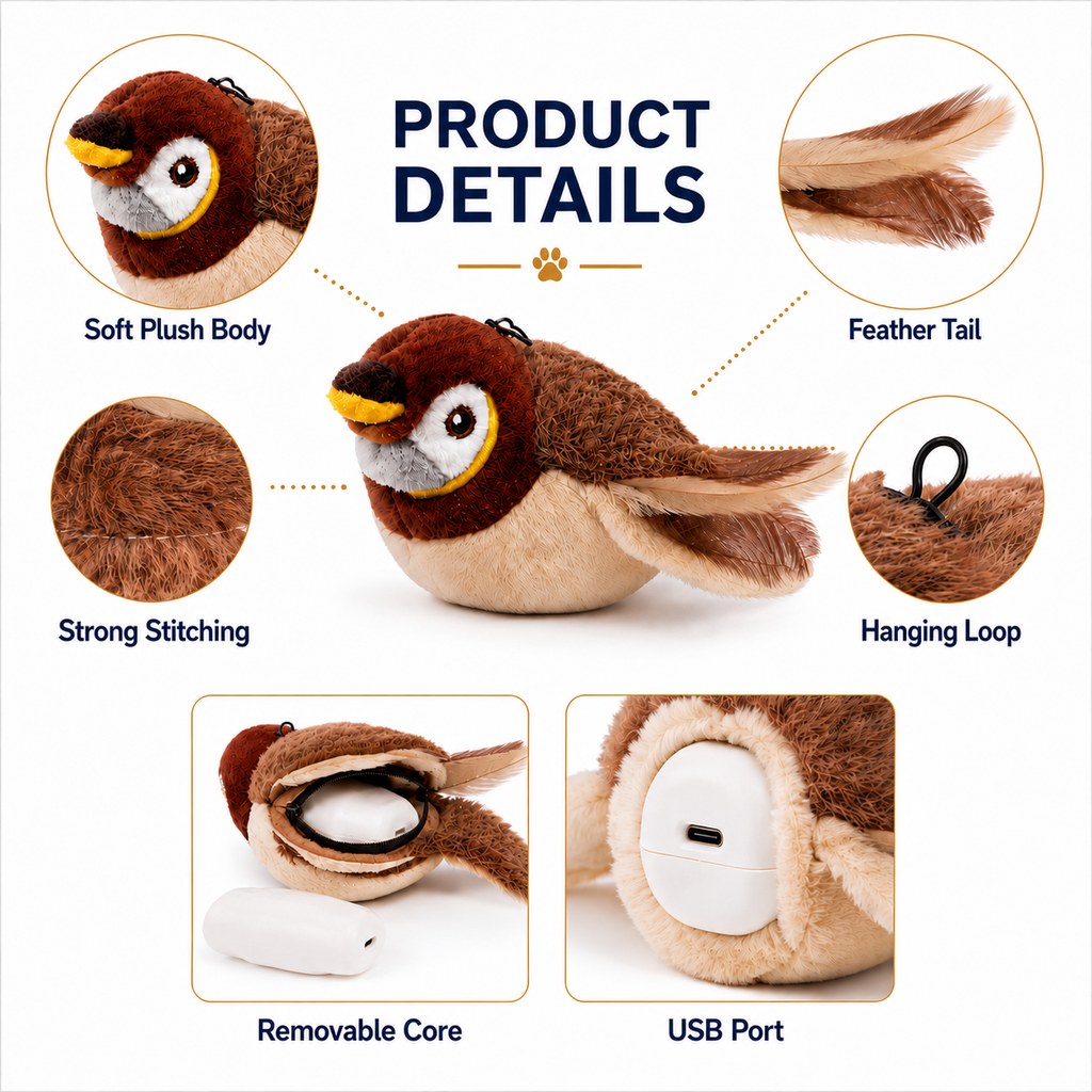 Paws in Awe Rechargeable Interactive Cat Toy - Flapping Bird, Plush Animal & Motion Activated Toys for Indoor Cats image 8