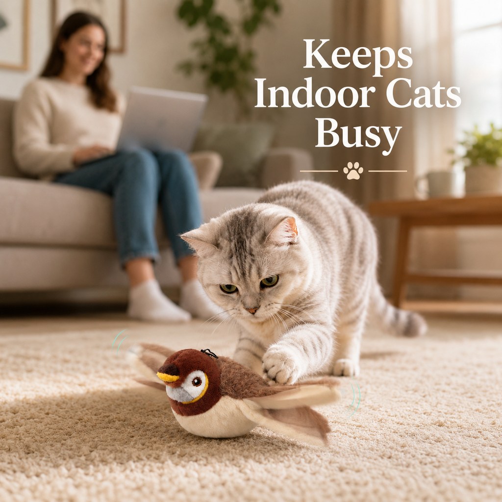 Paws in Awe Rechargeable Flapping Bird Cat Toy for Indoor Cats - Tap-Activated Plush Kicker Toy for Boredom Relief & Hunting Instinct Play image 3
