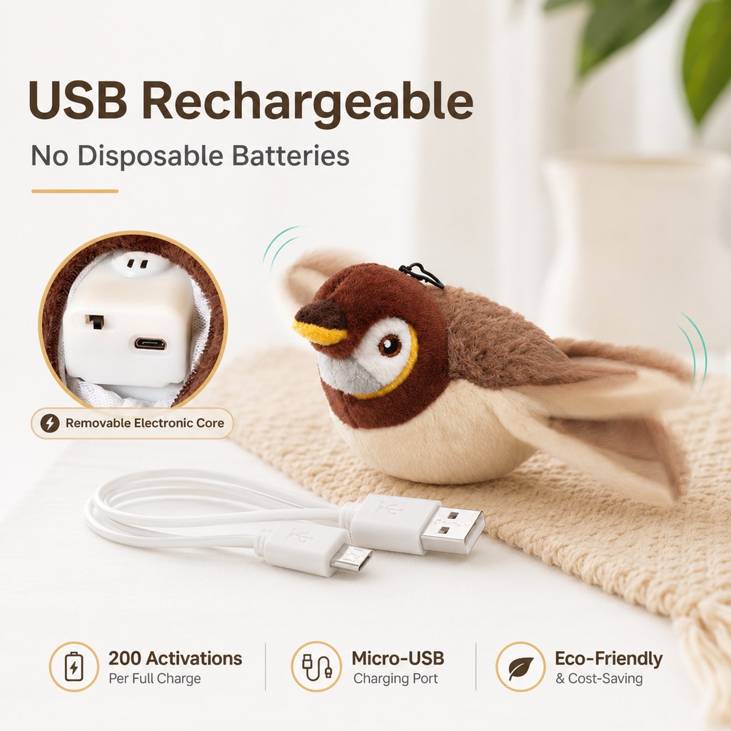 Paws in Awe Rechargeable Flapping Bird Cat Toy for Indoor Cats - Tap-Activated Plush Kicker Toy for Boredom Relief & Hunting Instinct Play image 6