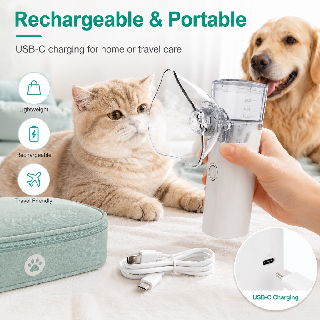Rechargeable portable pet mist care device for home and travel care