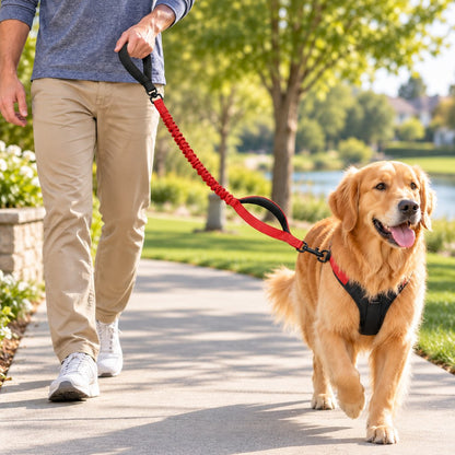 Red dual handle shock-absorbing bungee dog leash