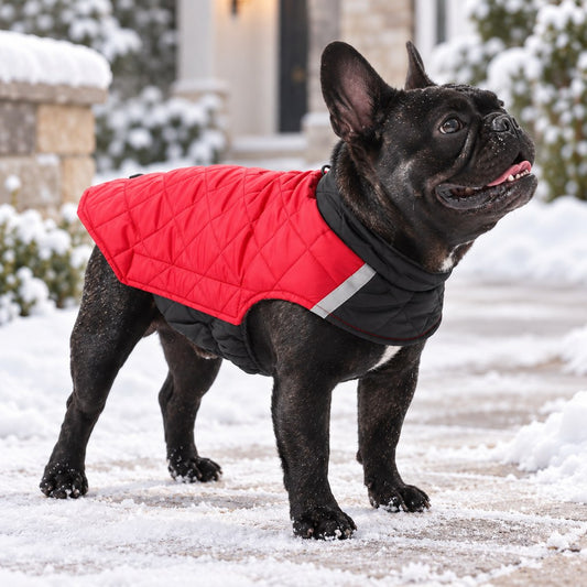 Red reversible quilted dog winter coat in snowy weather